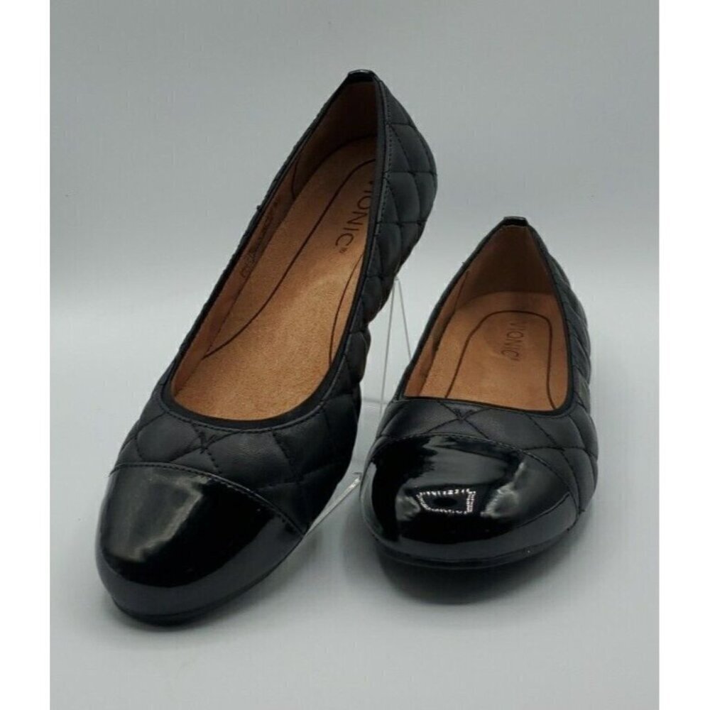 Vionic Shoes Womens Black Leather Quilted Desiree Cap Toe Ballet Flats Casual 7